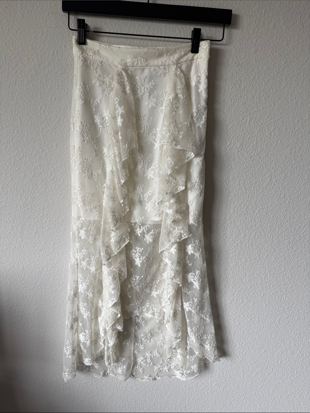 NBD Ivory Lace Ruffle Maxi Skirt
